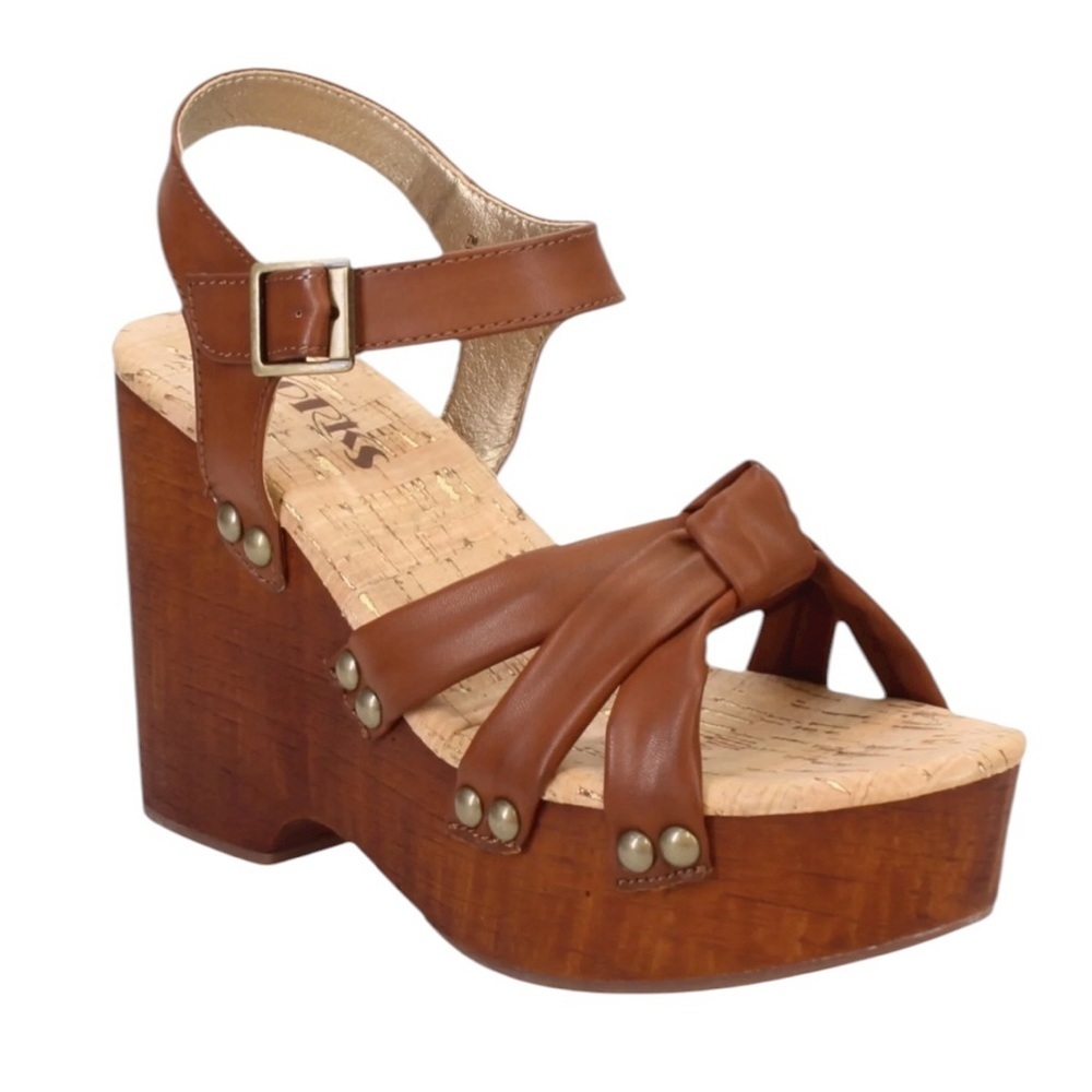 Korks Dawson brown faux leather studded wedge wood sandals boho